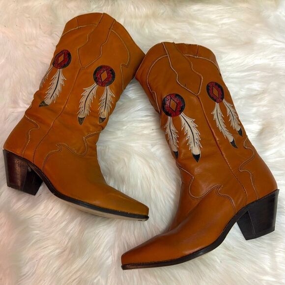 Vintage Real Leather Cowboy Boots Dream Catcher Festival Rave Burning Man A22 - Picture 1 of 15